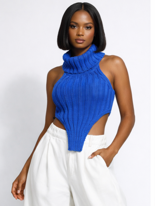 blue knit halter top, cobalt blue, stated chic boutique, women's tops