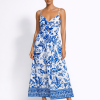 white blue chinoiserie dress, delftware, delft blue print fashion, stated chic women's online boutique, shop long dresses