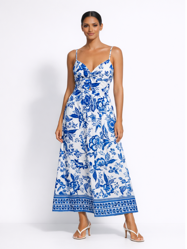 white blue chinoiserie dress, delftware, delft blue print fashion, stated chic women's online boutique, shop long dresses